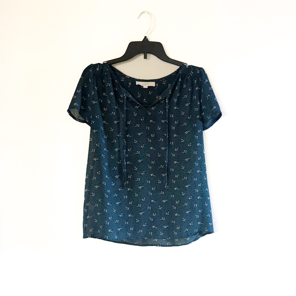 🌿Final Sale Loft‎ Green Floral Chiffon Short Sleeve Blouse